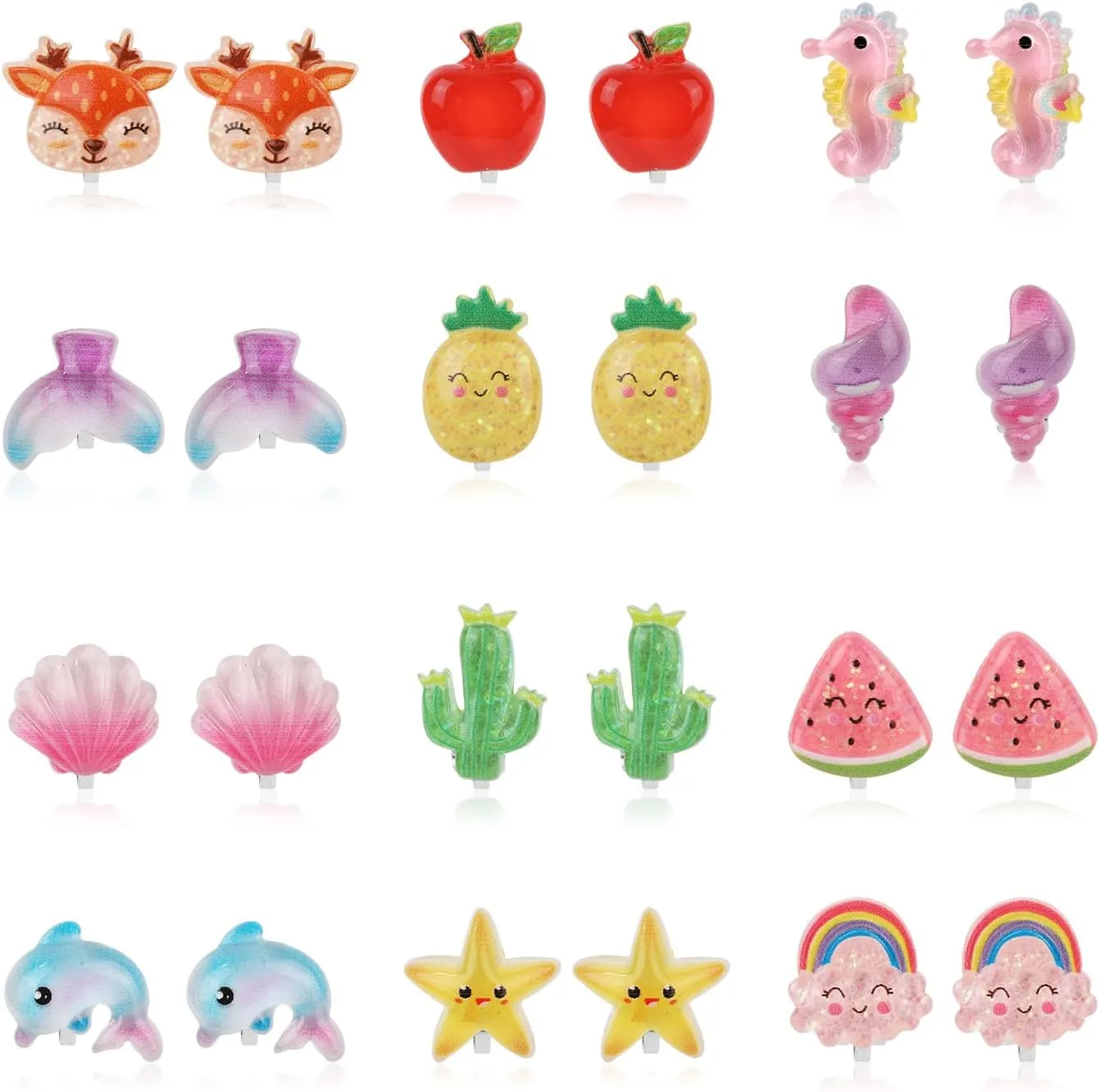 12 Pairs Clip On Earrings for Little Girls, Princess Clip Earrings Clip On Earring And Earring Set Non Pierced Earrings Dress up Jewelry Accessories for Toddler Kids (Fruit Animals)