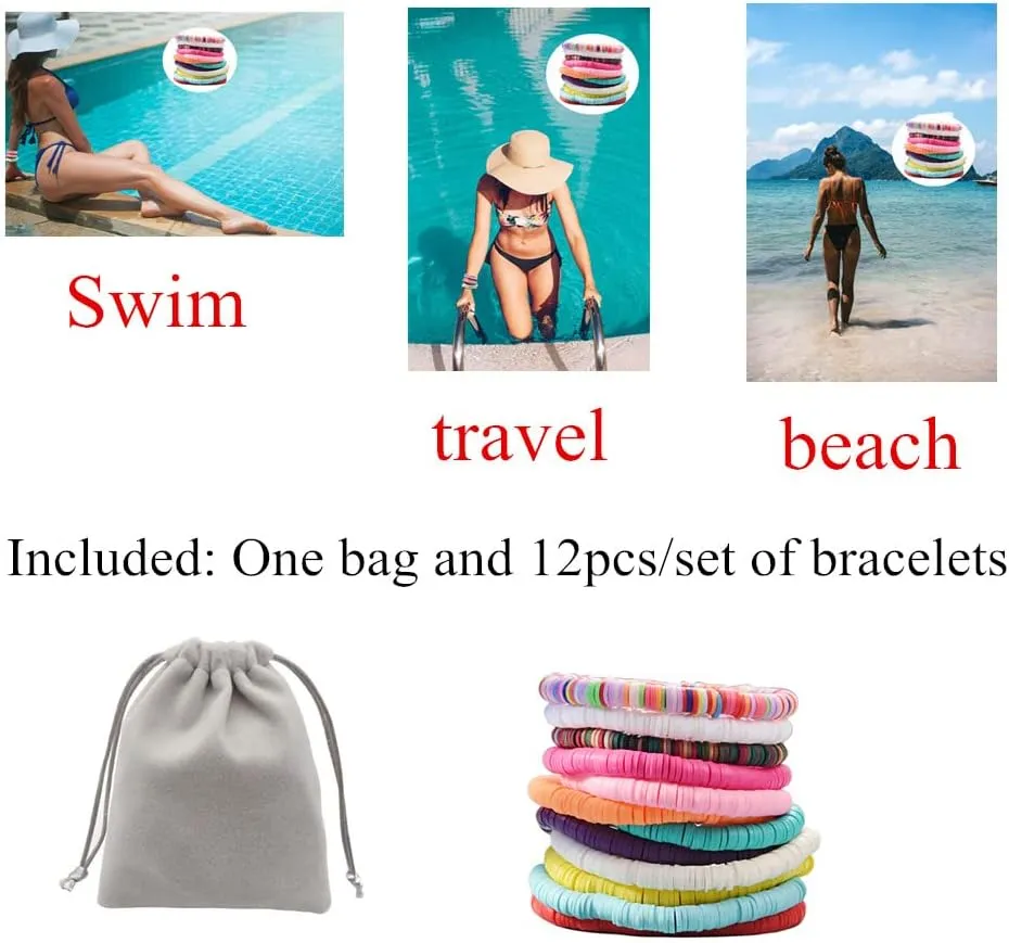 12pcs Friendship Bracelets Beaded Bracelets Heishi Bracelet Cute Bracelets Stack Vinyl Clay Disc Bead Surfer Stretch Summer Beach Bracelets For Women Preppy Bracelets