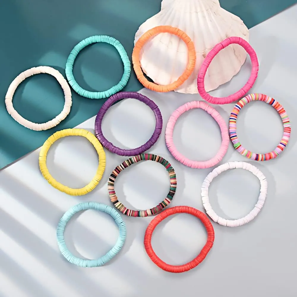 12pcs Friendship Bracelets Beaded Bracelets Heishi Bracelet Cute Bracelets Stack Vinyl Clay Disc Bead Surfer Stretch Summer Beach Bracelets For Women Preppy Bracelets