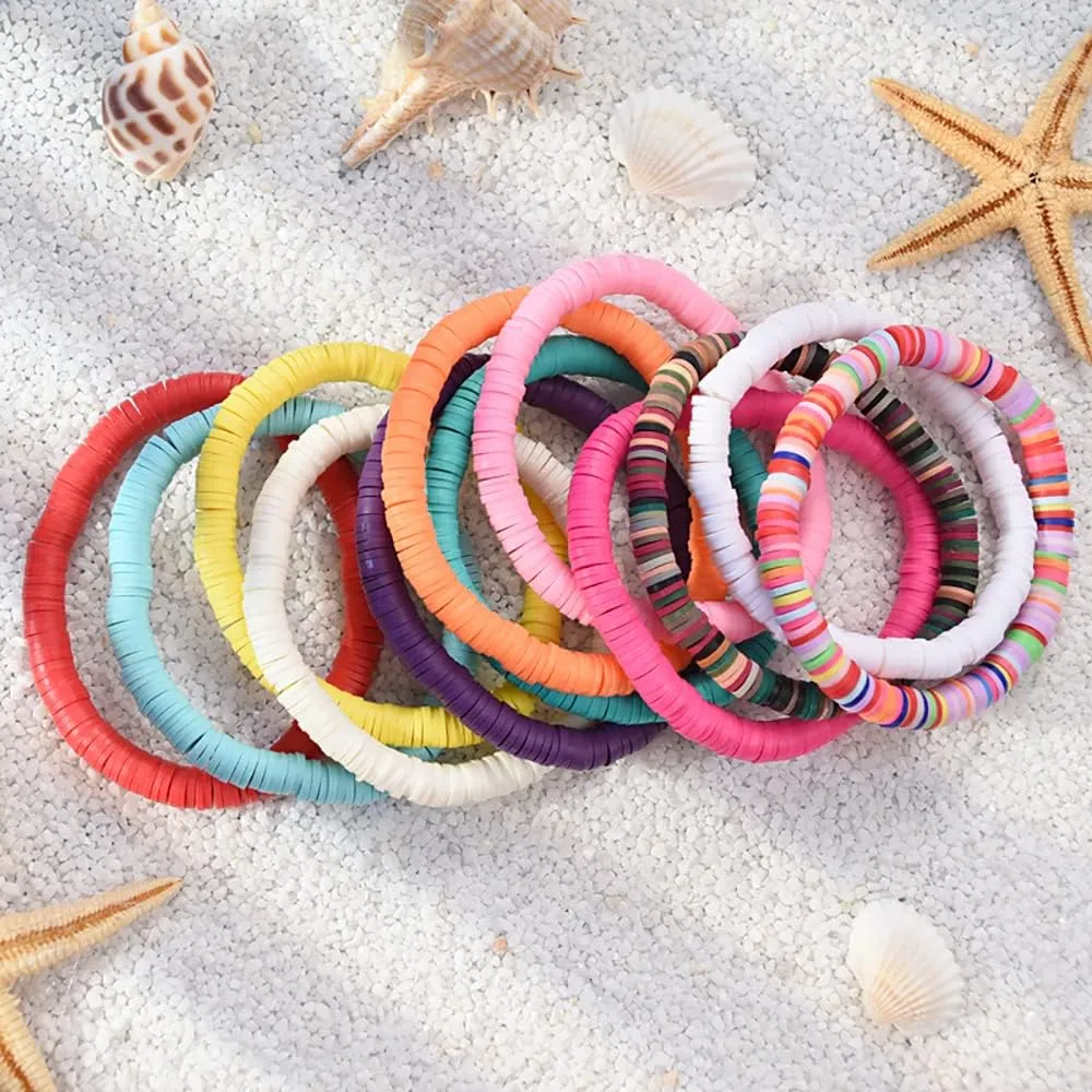 12pcs Friendship Bracelets Beaded Bracelets Heishi Bracelet Cute Bracelets Stack Vinyl Clay Disc Bead Surfer Stretch Summer Beach Bracelets For Women Preppy Bracelets