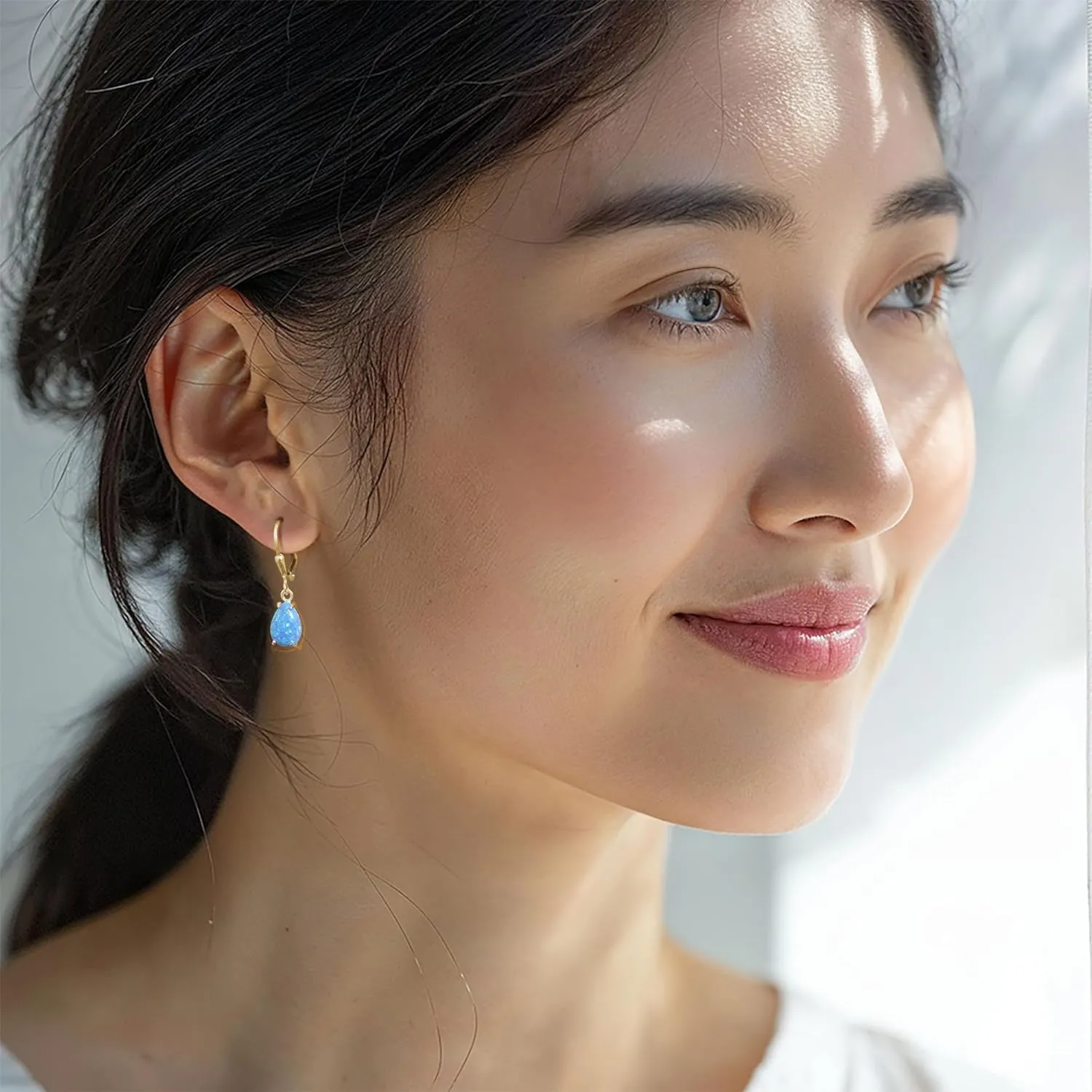 14K Gold Plated Blue Opal Teardrop Earrings for Women  Dainty Gold Over 925 Sterling Silver Daity Leverback Earrings  Dainty Birthstone Jewelry Gift