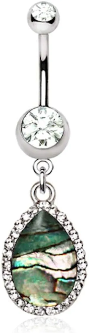 316L Stainless Steel Tear Drop Shaped Jeweled Abalone Dangle Navel Ring