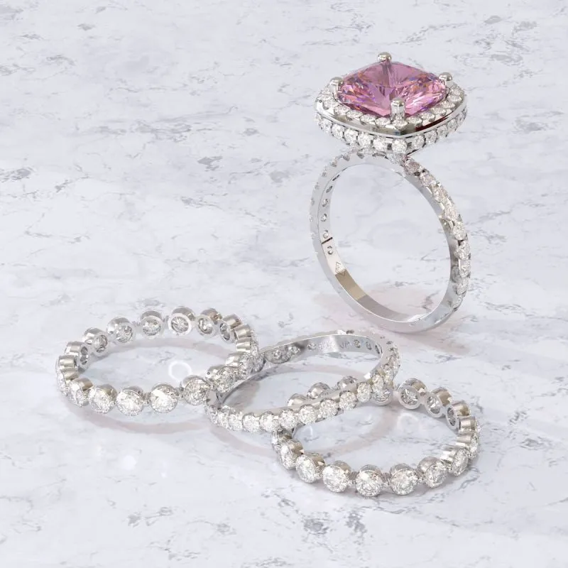 4 Pcs  Vintage Colored Cushion Cut Halo Bridal Set Rings In Sterling Silver