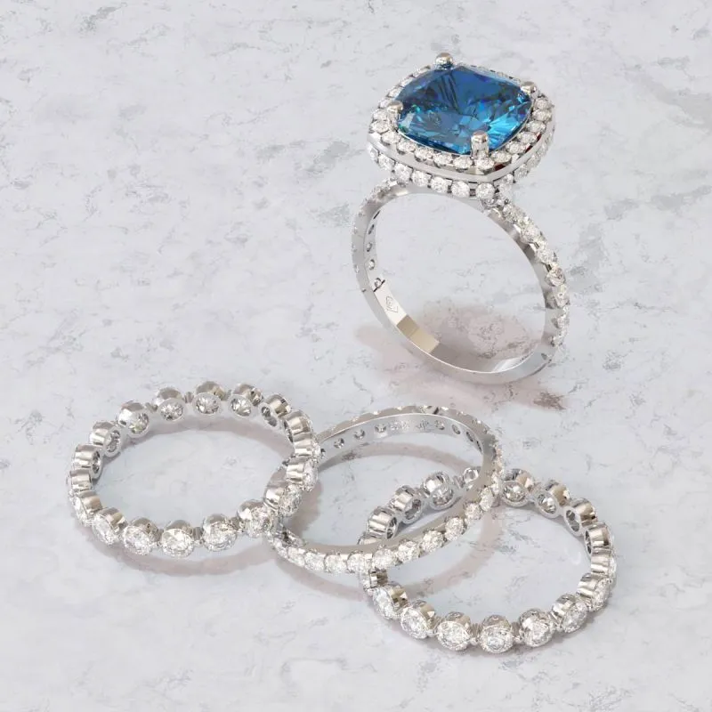4 Pcs  Vintage Colored Cushion Cut Halo Bridal Set Rings In Sterling Silver