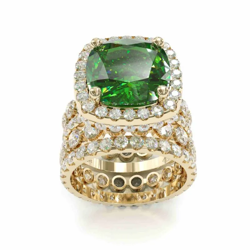4 Pcs  Vintage Colored Cushion Cut Halo Bridal Set Rings In Sterling Silver