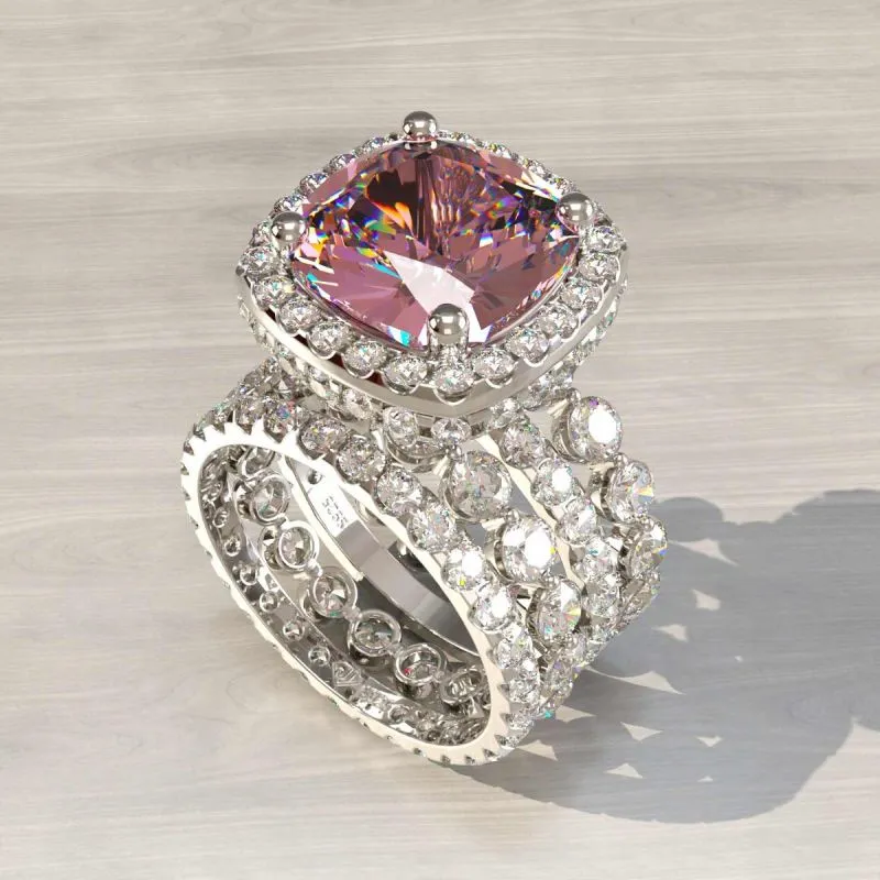 4 Pcs  Vintage Colored Cushion Cut Halo Bridal Set Rings In Sterling Silver