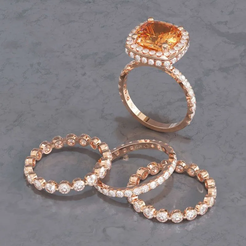 4 Pcs  Vintage Colored Cushion Cut Halo Bridal Set Rings In Sterling Silver