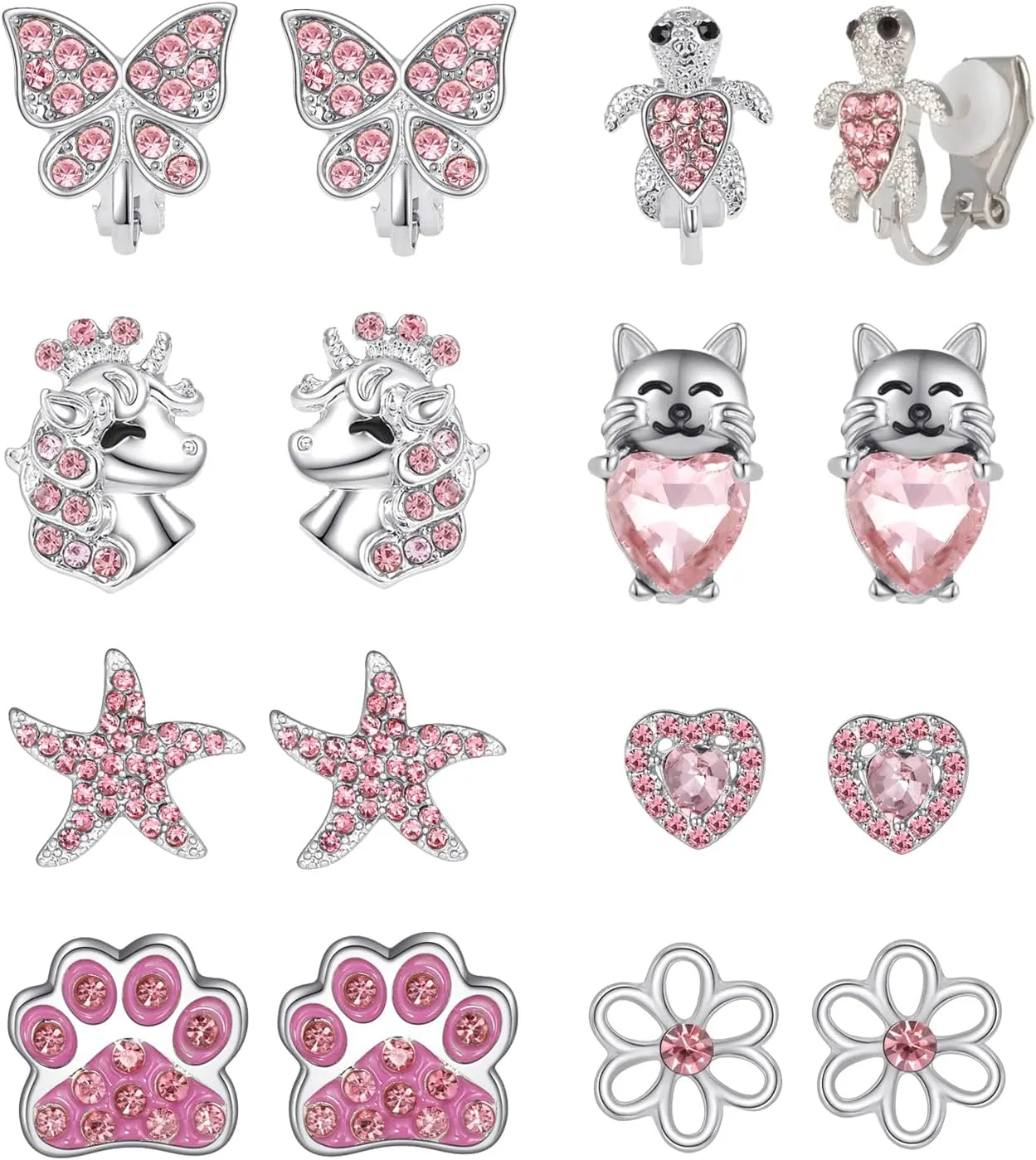 8 Pairs Clip on/Stud Earrings for Girls kids Hypoallergenic Cute Clip-on Earrings for Childrens Toddler Teen Unicorn Butterfly Turtle CZ Clip Stud Earrings Pink Jewelry Gift 3 Years Old 