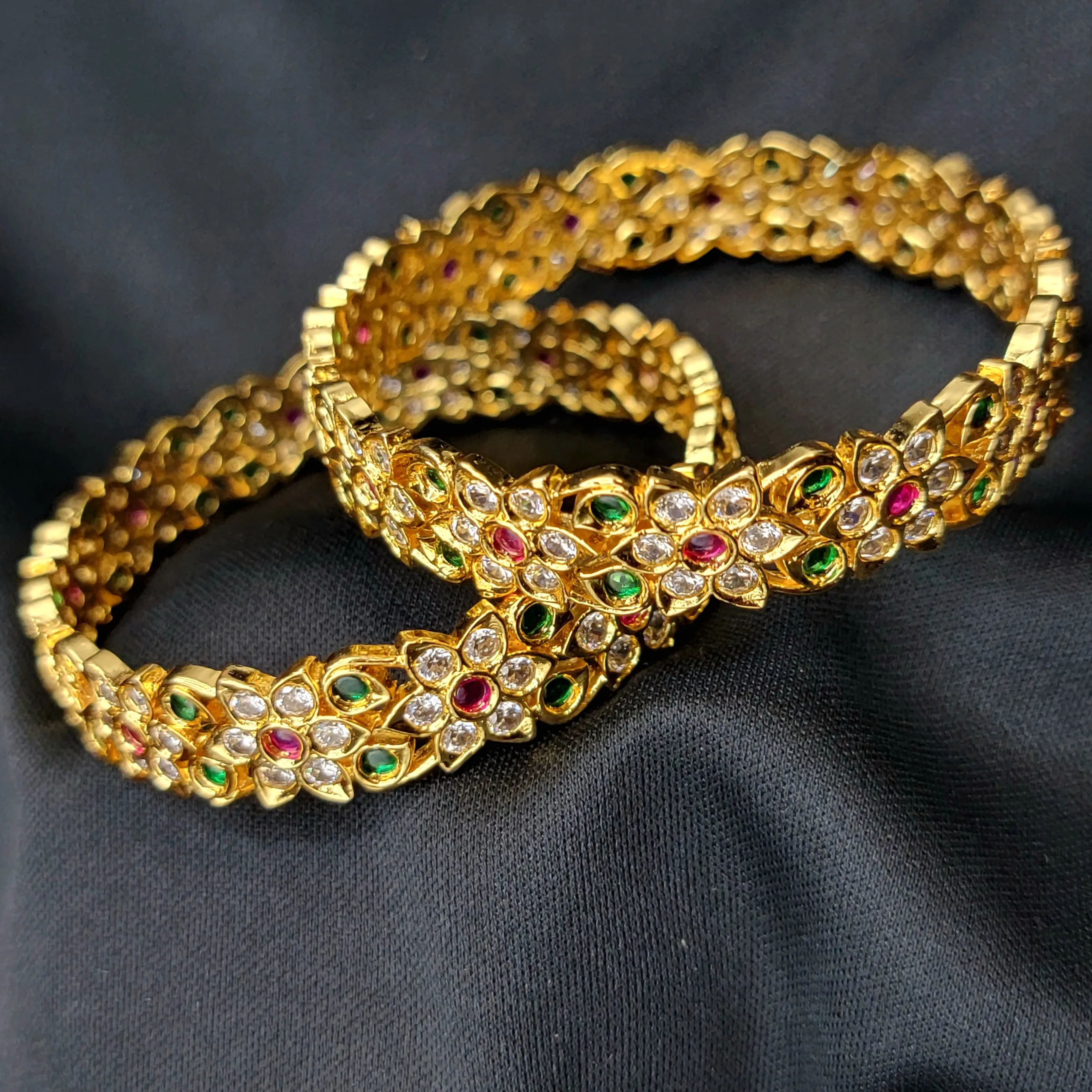 Antique Gold White AD Zircon (CZ) Stone Floral Red Green Kemp  Bangle
