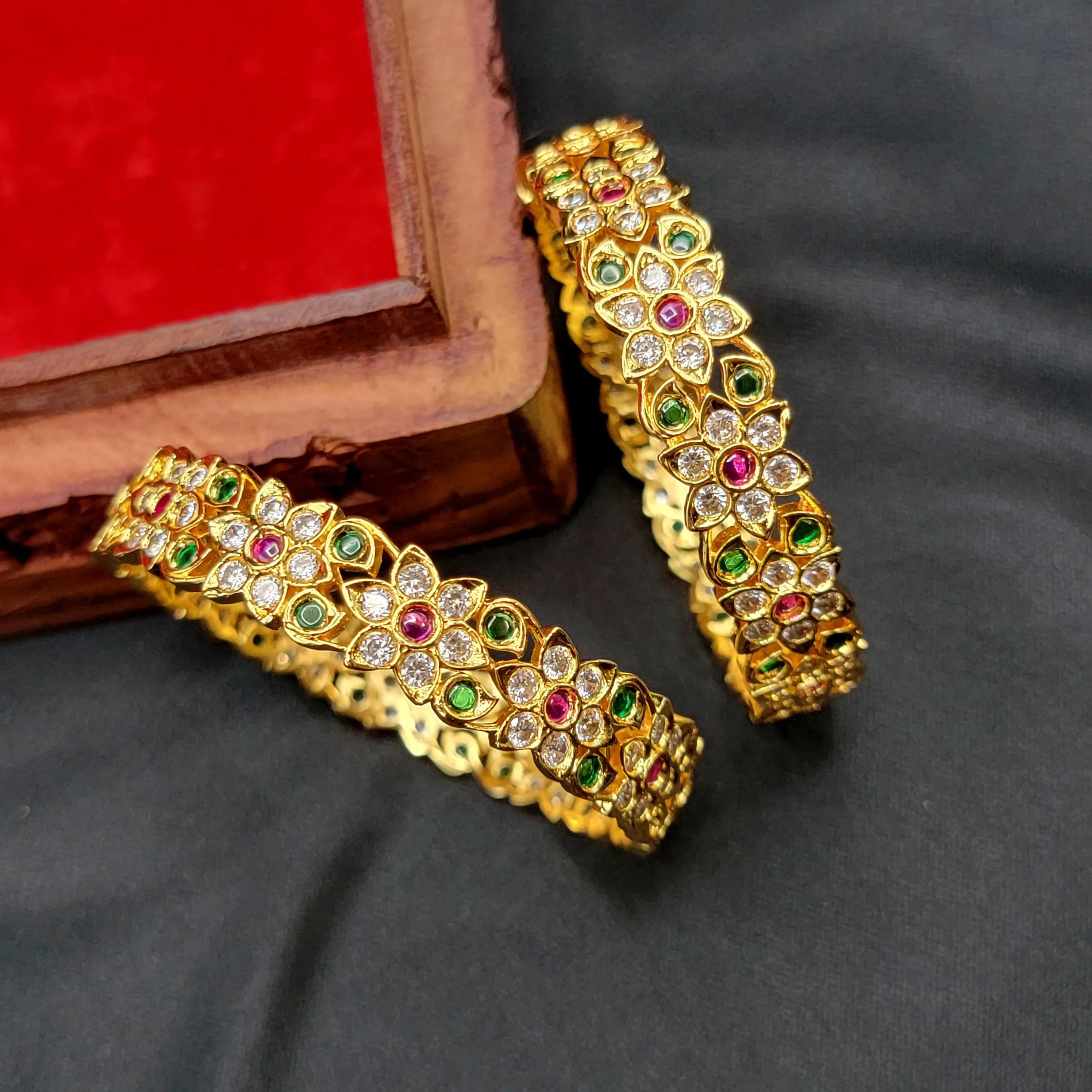 Antique Gold White AD Zircon (CZ) Stone Floral Red Green Kemp  Bangle