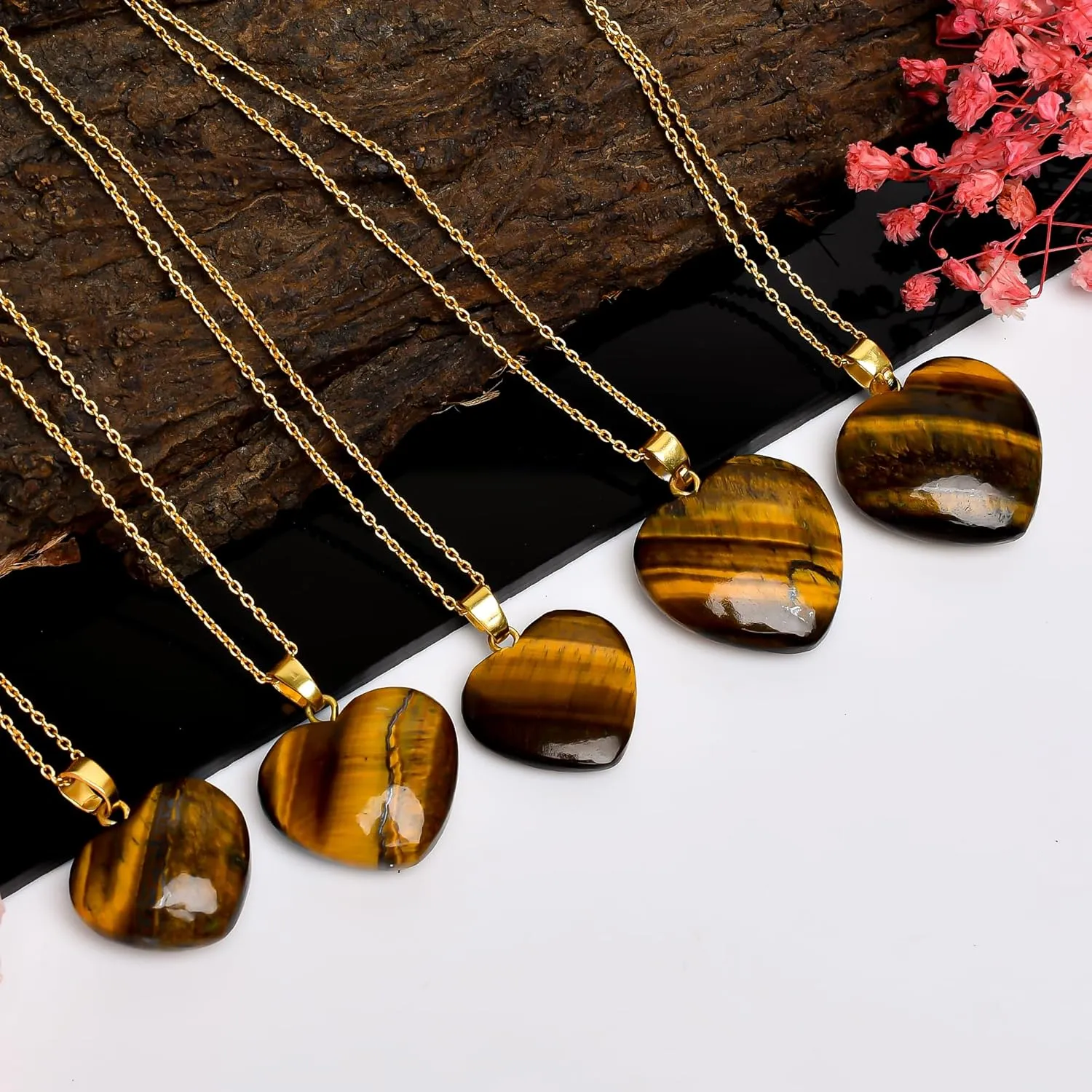 AURA GEMS Tiger Eye Gemstone Heart Shape Pendant Necklace, Natural Cabochon, Women Jewelry, Energy Healing Crystals, Calm Chakra, Birthstone, Gift for Women, Gold Plated Jewelry 18 inch, AA  Quality