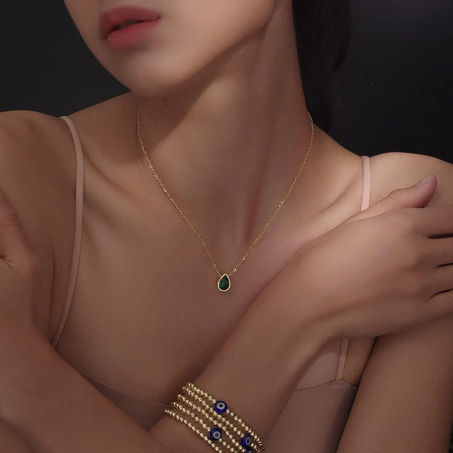 Badu 18K Gold Created Gemstones 7x10mm teardrop Necklace for Women Solitaire Cubic Zirconia Jewelry