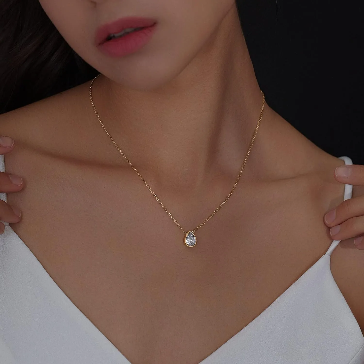 Badu 18K Gold Created Gemstones 7x10mm teardrop Necklace for Women Solitaire Cubic Zirconia Jewelry