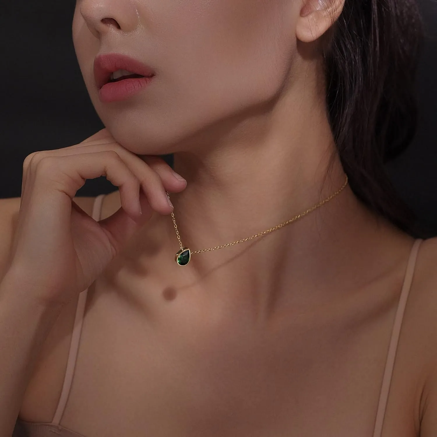 Badu 18K Gold Created Gemstones 7x10mm teardrop Necklace for Women Solitaire Cubic Zirconia Jewelry