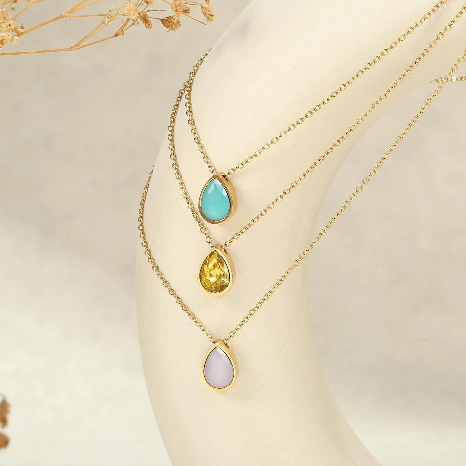 Badu 18K Gold Created Gemstones 7x10mm teardrop Necklace for Women Solitaire Cubic Zirconia Jewelry