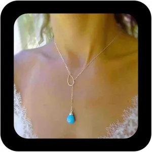 Bohemia Turquoise Y Lariat Necklace Teardrop Turquoise Y Necklace Chain Long Silver Circle Necklace Vintage Blue Gem Drop Necklace Jewelry for Women