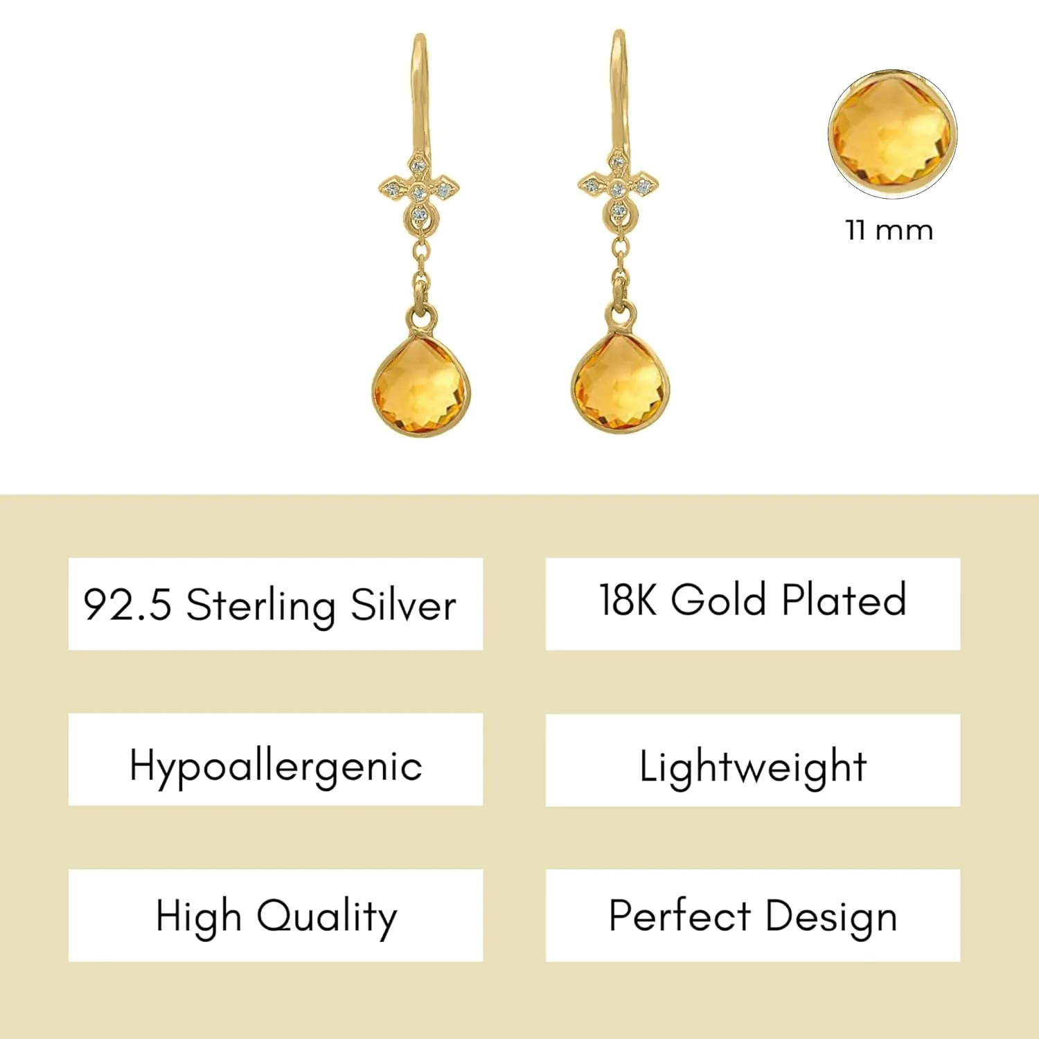 Citrine Earrings for Women in Heart Dangle Drop Shape - 18K Gold Vermeil, Certified 925 Sterling Silver Earring - Hypoallergenic Gold Jewelry for Women, Mothers Day Gifts, Birthday Gifts for Women