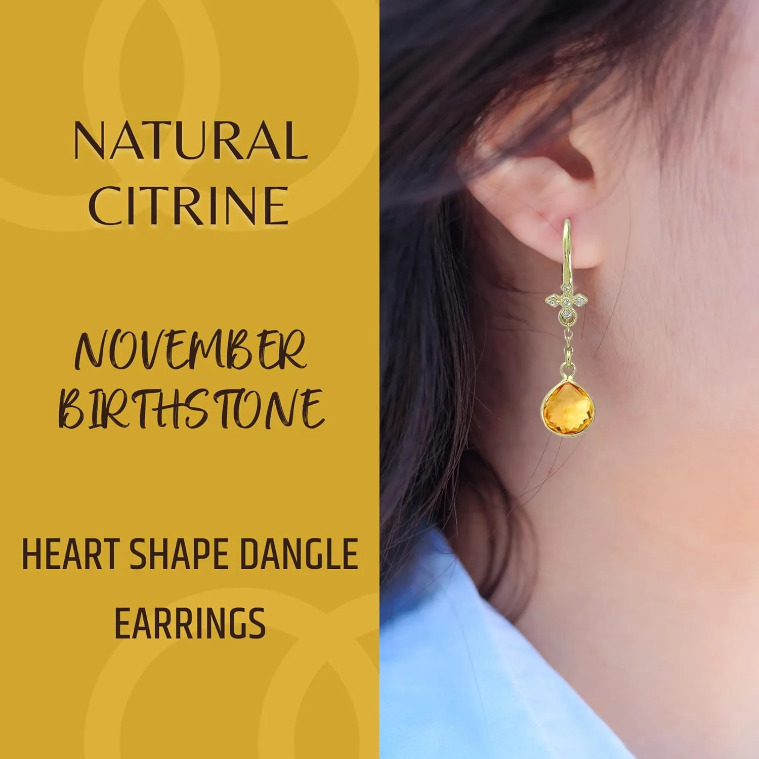 Citrine Earrings for Women in Heart Dangle Drop Shape - 18K Gold Vermeil, Certified 925 Sterling Silver Earring - Hypoallergenic Gold Jewelry for Women, Mothers Day Gifts, Birthday Gifts for Women