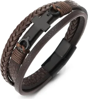 COOLSTEELANDBEYOND Mens Women Steel Horizontal Sideway Lateral Flat Cross Multi-Strand Leather Bangle Bracelet