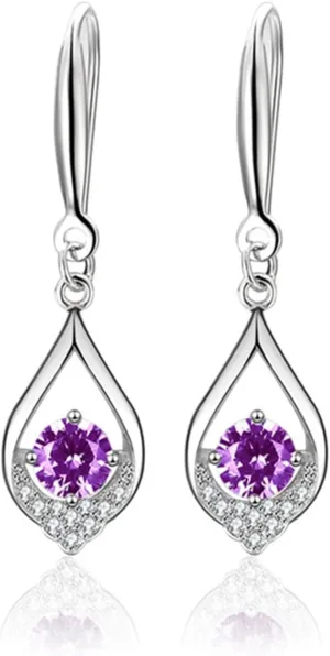 Dangle Earrings 925 Sterling Silver Teardrop Dangle Drop Birthstone Earrings for Wome 14K White Gold Fine Jewelry Birthday Anniversary Christmas Earrings Jewelry for Women(February)