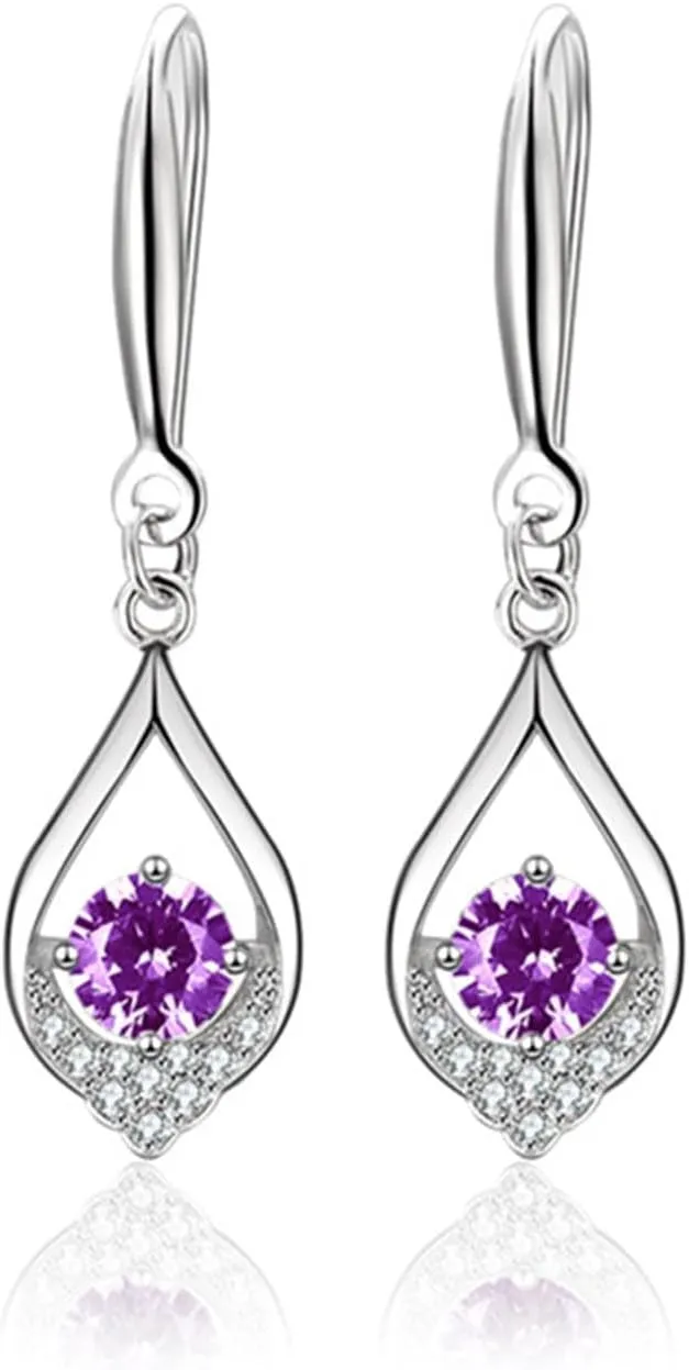 Dangle Earrings 925 Sterling Silver Teardrop Dangle Drop Birthstone Earrings for Wome 14K White Gold Fine Jewelry Birthday Anniversary Christmas Earrings Jewelry for Women(February)