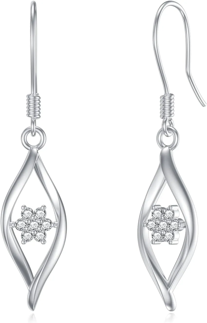 Diamond Drop Earrings for Women 925 Sterling Silver Linear Swirl French Wire Earrings with Lab Grown Diamond Jewelry Gifts for Mom Wife Girlfriend Daughter