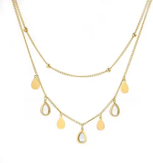 FarF&ME Double Layer Necklace Moon Star/Butterfly/Water Drop/Heart for Women Cute Girl Silver 18K Gold Plated Mother Of Pearl Shell Multi Element Layered Necklace