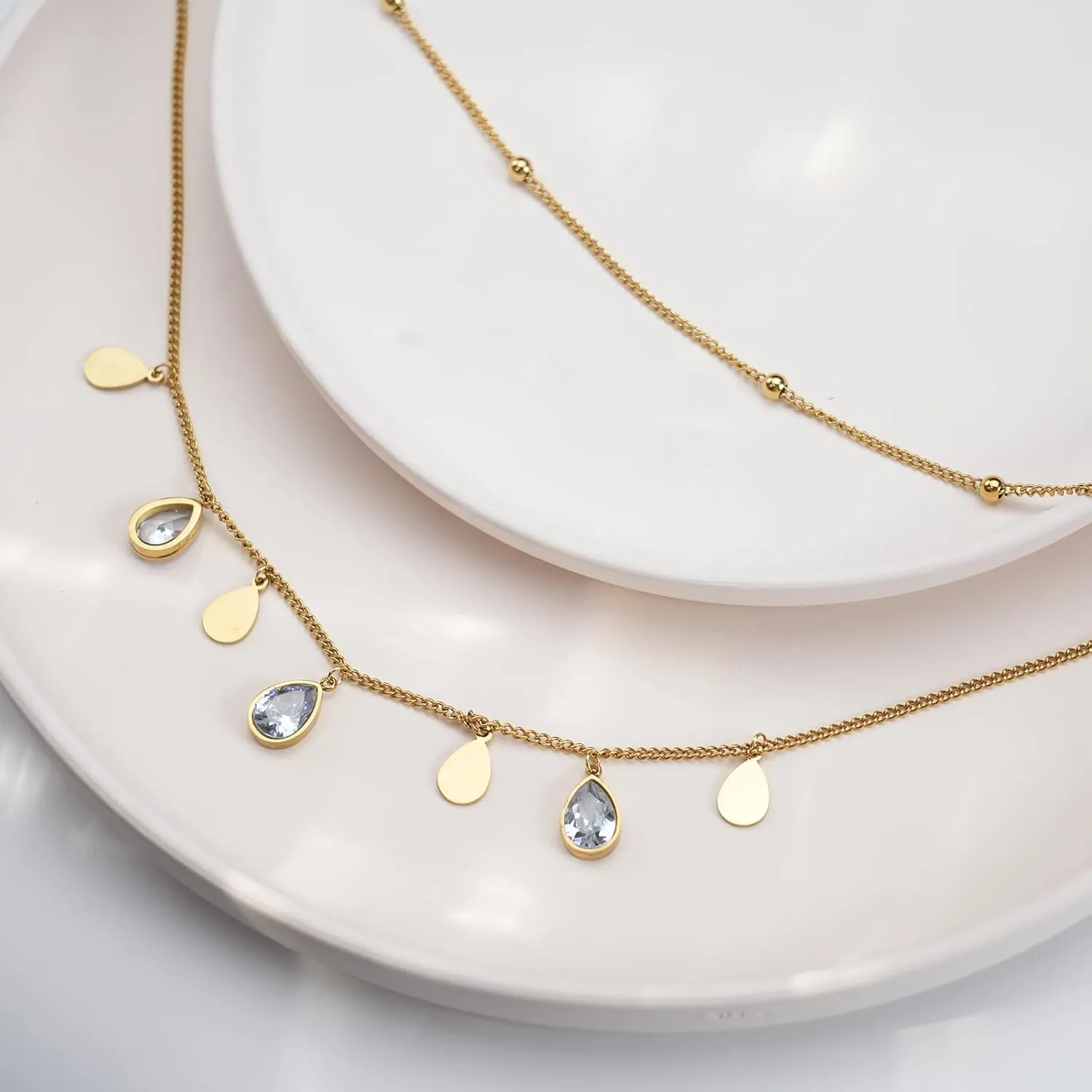 FarF&ME Double Layer Necklace Moon Star/Butterfly/Water Drop/Heart for Women Cute Girl Silver 18K Gold Plated Mother Of Pearl Shell Multi Element Layered Necklace