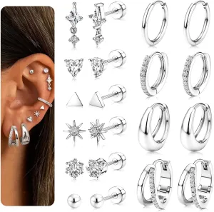 Flat Back Earrings : Hypoallergenic 14K Gold Plated Surgical Steel Earrings for Sensitive Ears - Chunky Hoop Huggies Earring Dainty Cartilage Helix Muliple Piercing Jewelry for Women Men