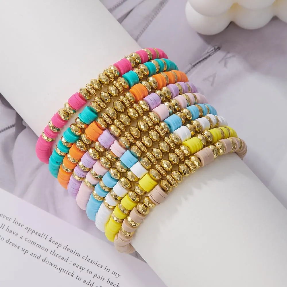 Friendship Bracelets Boho Stackable Bracelets for Women Surfer Heishi Clay Bead Bracelets Stretch Preppy Bracelets Colorful Boho Bracelets for Women
