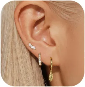 Gold Hoop Earrings Set for Women,Dainty14K Gold Plated Crawler Earring Stacks,Sterling Silver Lightweight Cartilage Stackable Earring Stack,Dangle Hoop Earrings Sets For Multiple Piercing Jewelry