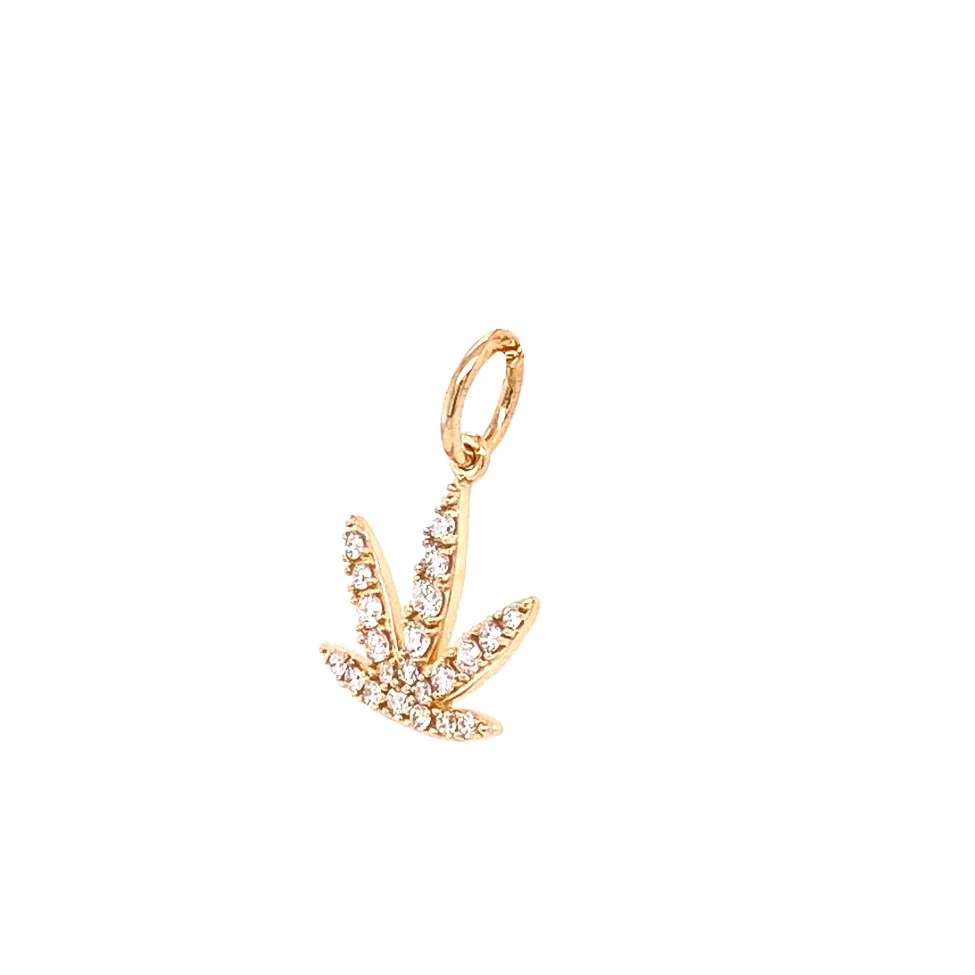 Gold Modern Leaf Pendant with White Diamond Gemstones