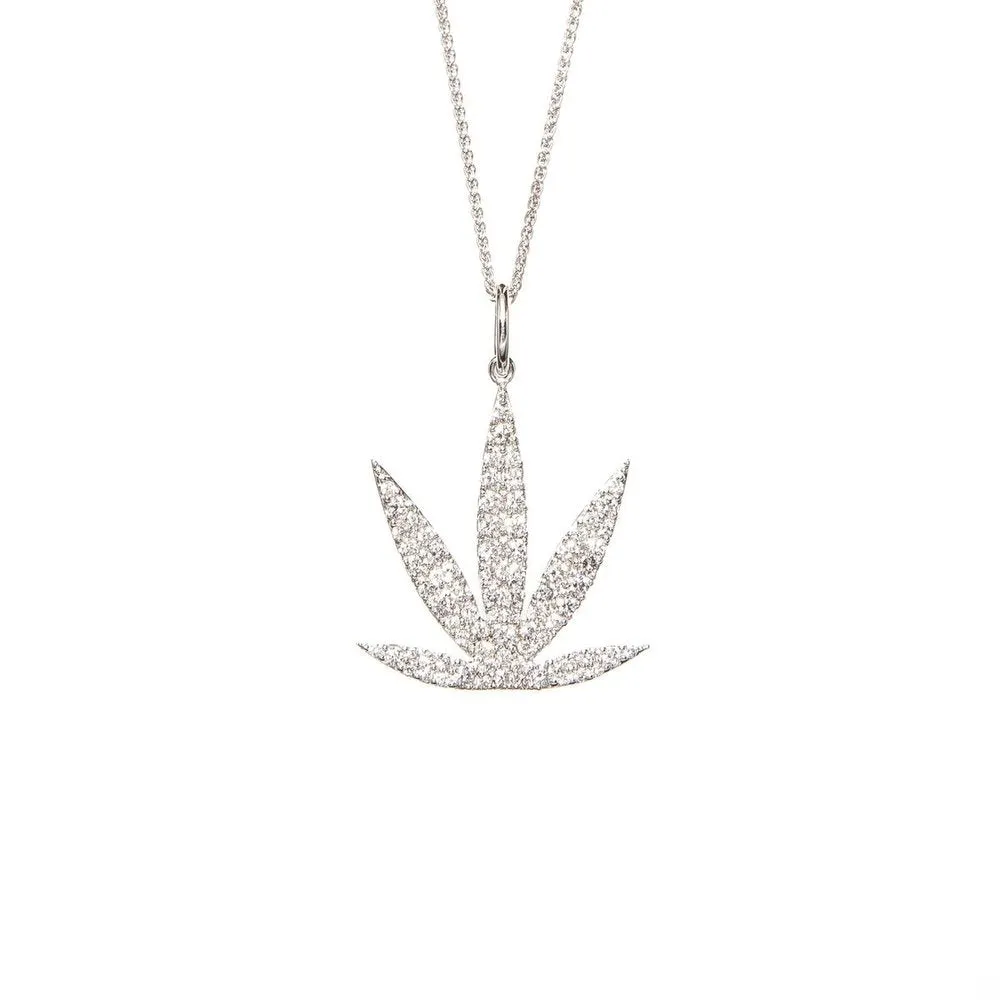Gold Modern Leaf Pendant with White Diamond Gemstones