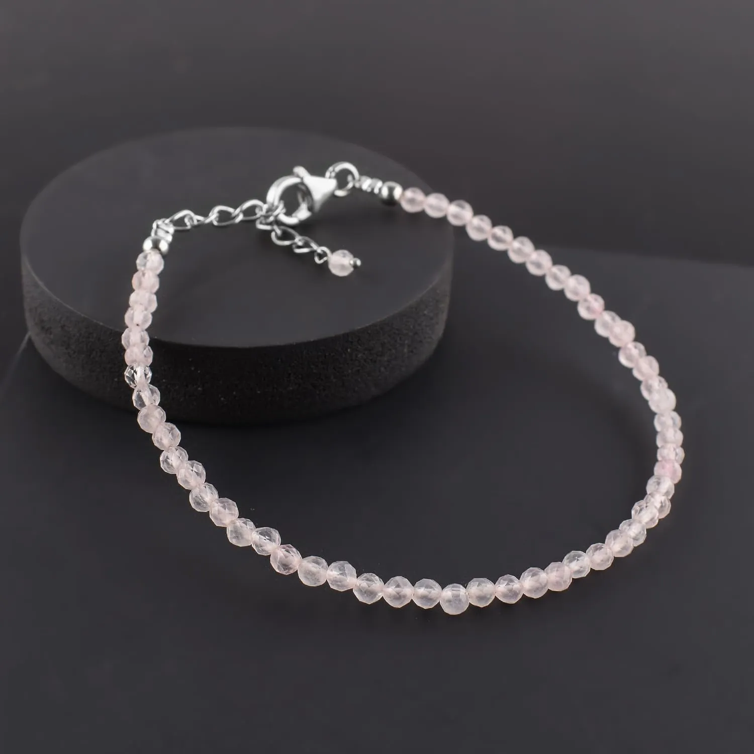 InfinityGemsArt Natural Rose Quartz Stone Beads Dainty Bracelet Jewelry for Women, Crystals and Gemstones April Birthstone 925 Sterling Silver Chain 8 inch Gifts For her