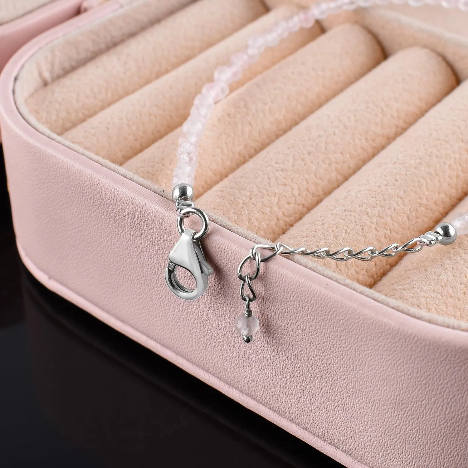 InfinityGemsArt Natural Rose Quartz Stone Beads Dainty Bracelet Jewelry for Women, Crystals and Gemstones April Birthstone 925 Sterling Silver Chain 8 inch Gifts For her