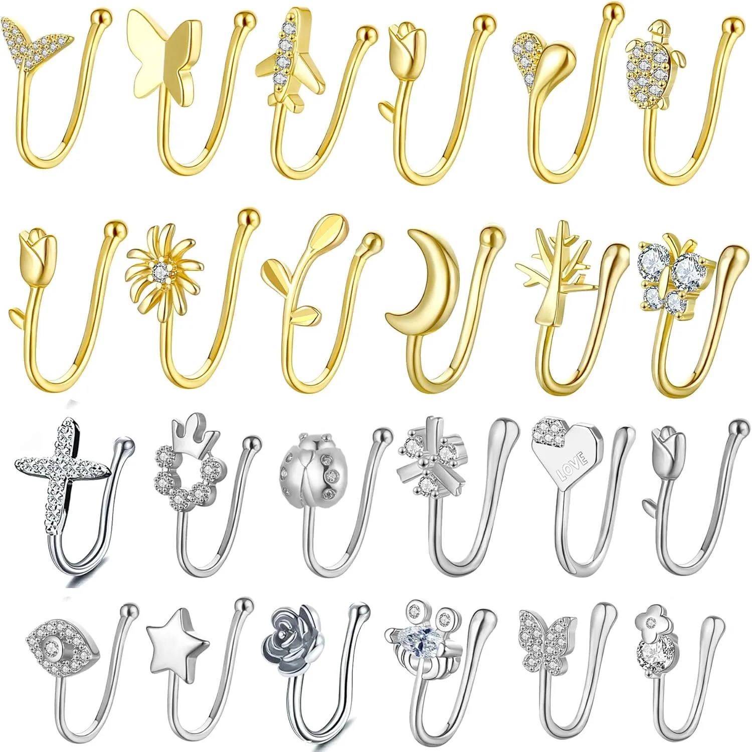 JDXN 24 PCS Fake Nose Rings Set Ear Clips Non Piercing Earrings Inlaid CZ Non Piercing Jewelry Fake Nose Ring Spring Clip on Circle Hoop No Pierced Body Jewelry Set For Women Men