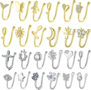 JDXN 24 PCS Fake Nose Rings Set Ear Clips Non Piercing Earrings Inlaid CZ Non Piercing Jewelry Fake Nose Ring Spring Clip on Circle Hoop No Pierced Body Jewelry Set For Women Men