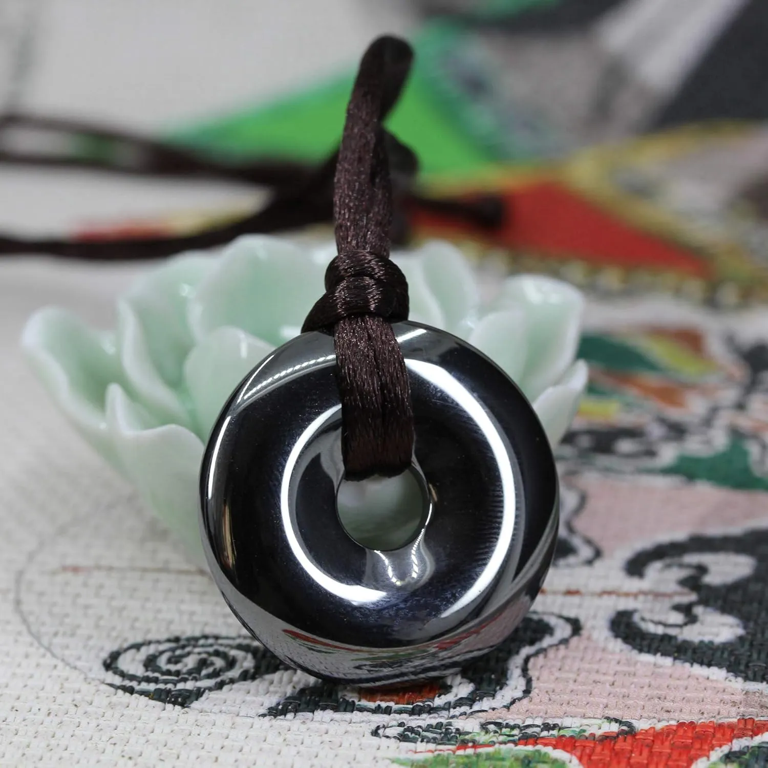 Keleny Semi Precious Gemstones 30mm Circle Coin Peace Donut Beads Adjustable Braided Rope Pendant Necklace