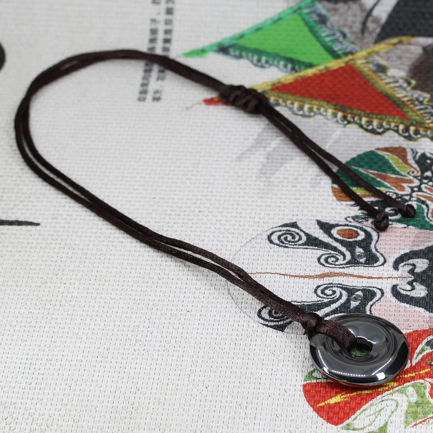 Keleny Semi Precious Gemstones 30mm Circle Coin Peace Donut Beads Adjustable Braided Rope Pendant Necklace