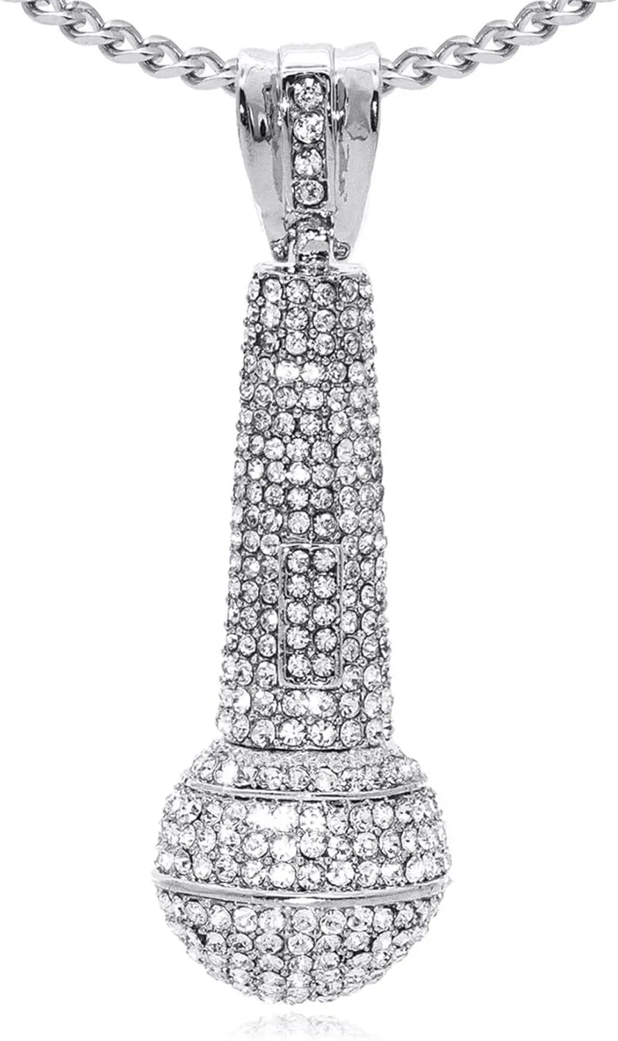 Mens and Womens Hip Hop Iced Out Rhinestones Necklace Alloy Huge Microphone Pendant Music Necklace