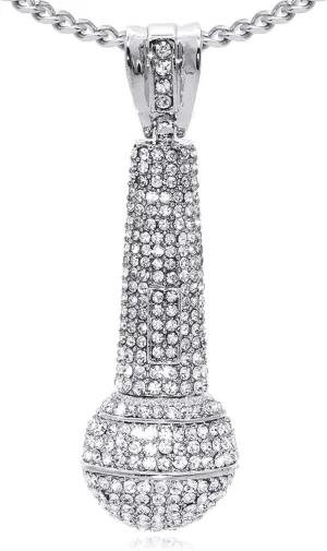 Mens and Womens Hip Hop Iced Out Rhinestones Necklace Alloy Huge Microphone Pendant Music Necklace