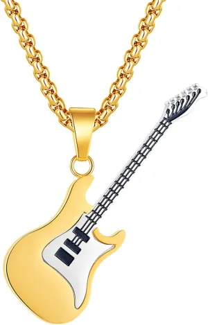 Mens and Womens Musical Necklace Stainless Steel Guitar Pendant Punk Rock Necklace