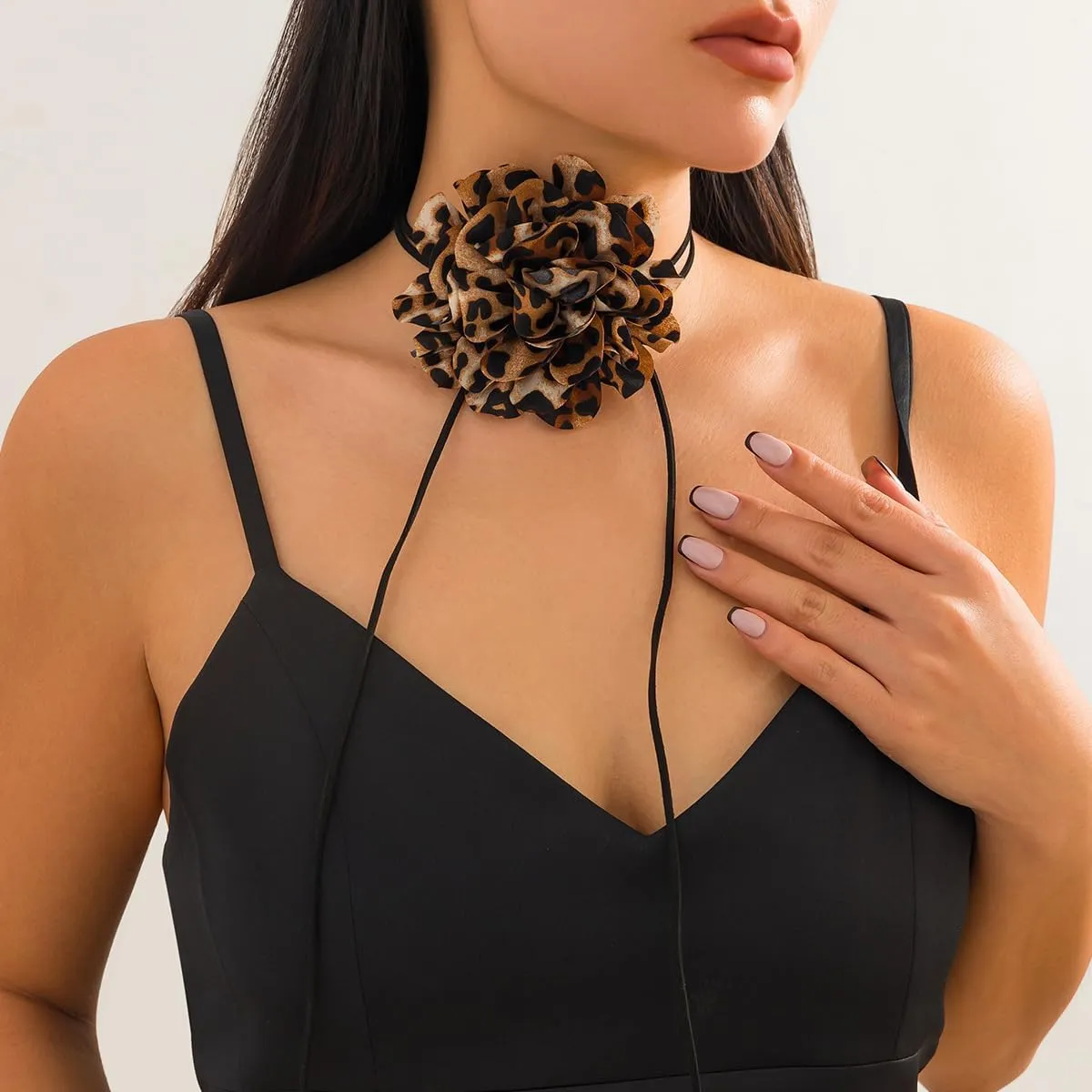 MIFYNN Leopard Print Flower Necklace for Women Big Flower Choker Necklace Adjustable Lace-Up Design Handmade Floral Necklace Leopard Print Flower Necklace Bride Wedding Party Jewelry