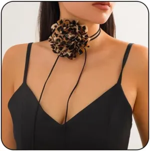 MIFYNN Leopard Print Flower Necklace for Women Big Flower Choker Necklace Adjustable Lace-Up Design Handmade Floral Necklace Leopard Print Flower Necklace Bride Wedding Party Jewelry