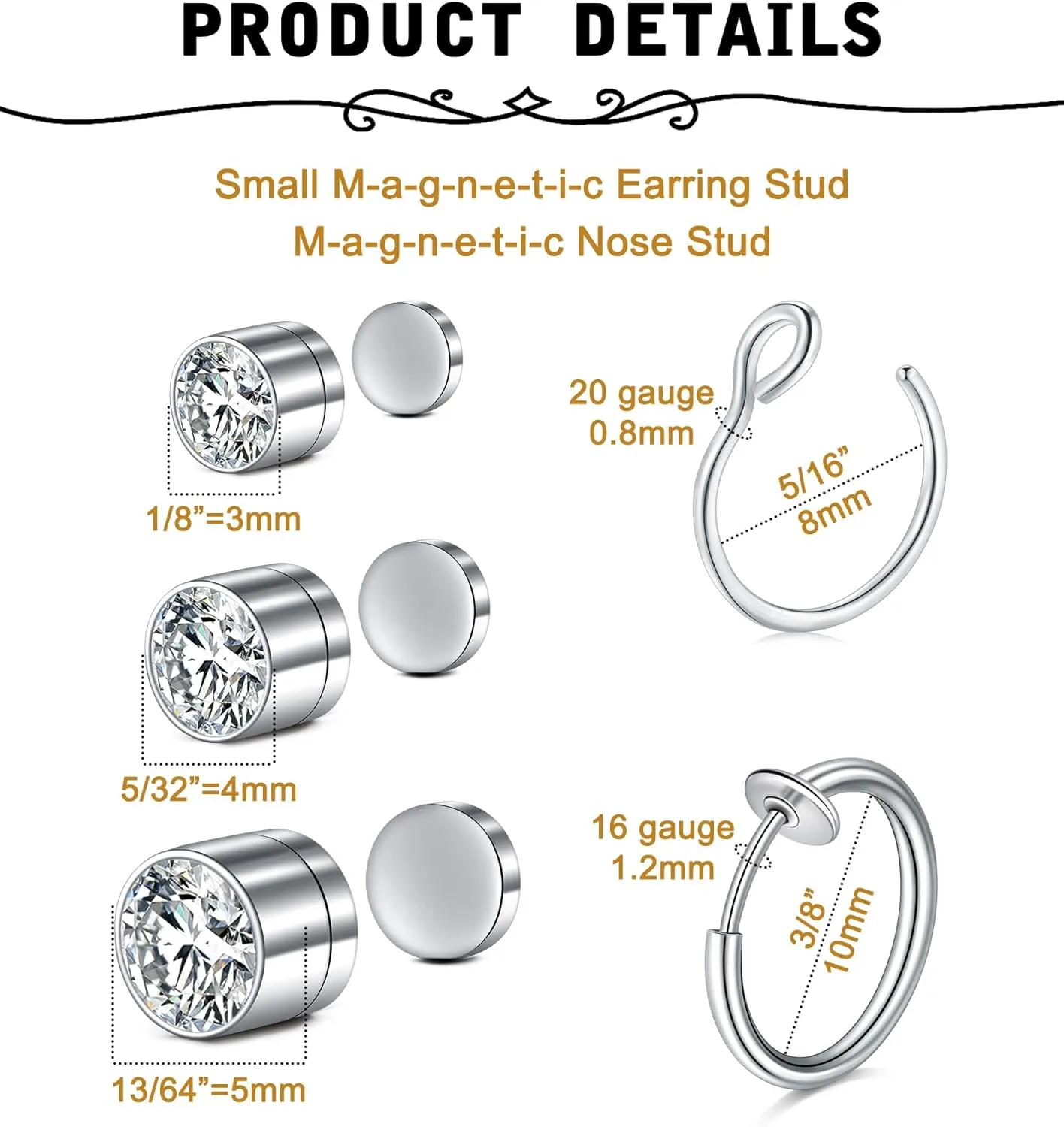MODRSA Fake Nose Stud Fake Nose Ring Stud Fake Nose Piercing Fake Lip Ring Fake Earrings Stud Silver Gold Fake Cartilage Helix Earring Clip on Earring Hoop Fake Eyebrow Ring Fake Bridge Piercing