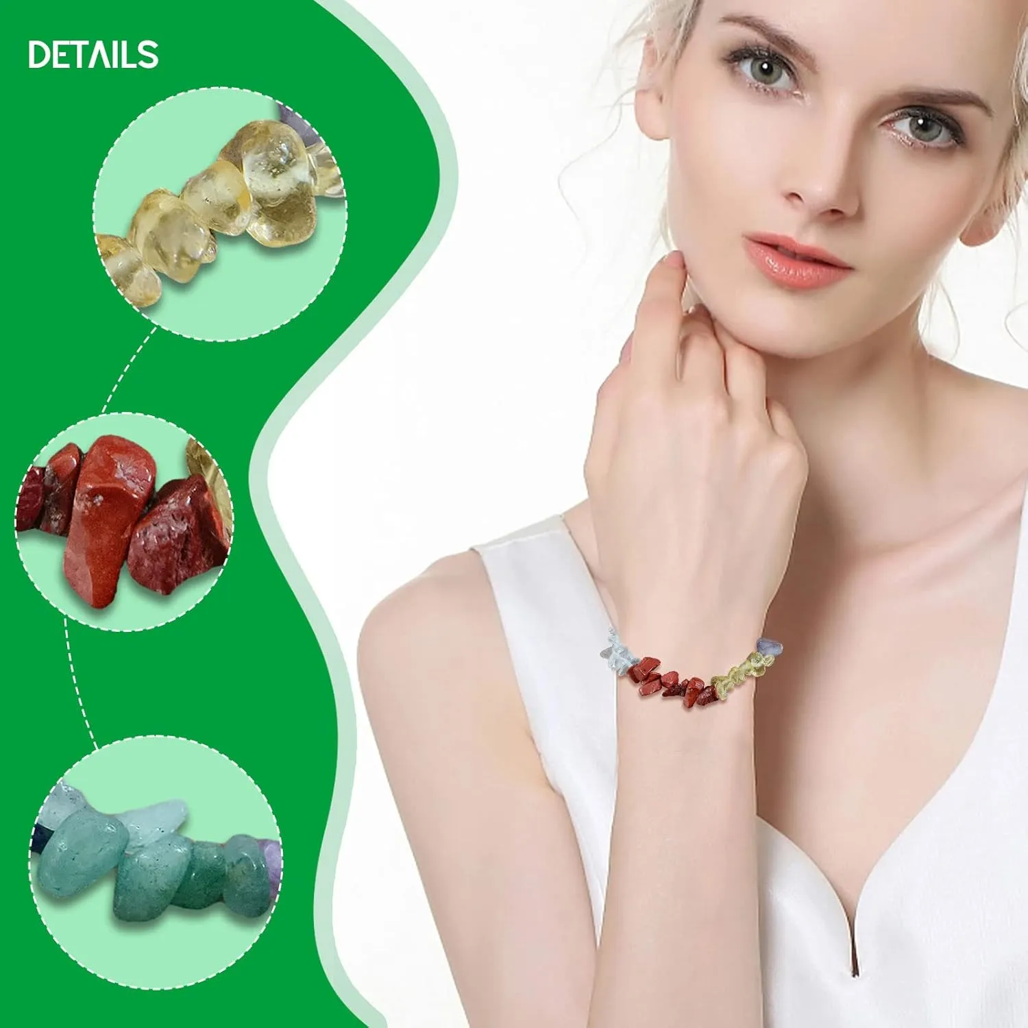 Natural Gemstones Chip Bead Bracelet for Men Women,Healing Chakra Bracelet Adjustable Slider Handmade Stress Relief Crystals Bracele (turquoise green)
