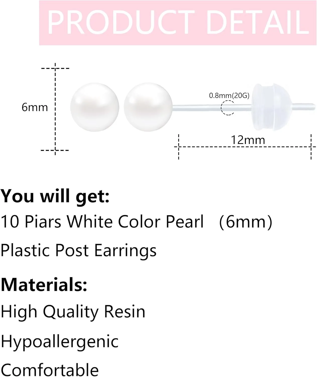 Pearl Plastic Earrings for Sensitive Ears Hypoallergenic Plastic Stud Earrings for Women Pearl Plastic Post Earrings for Women