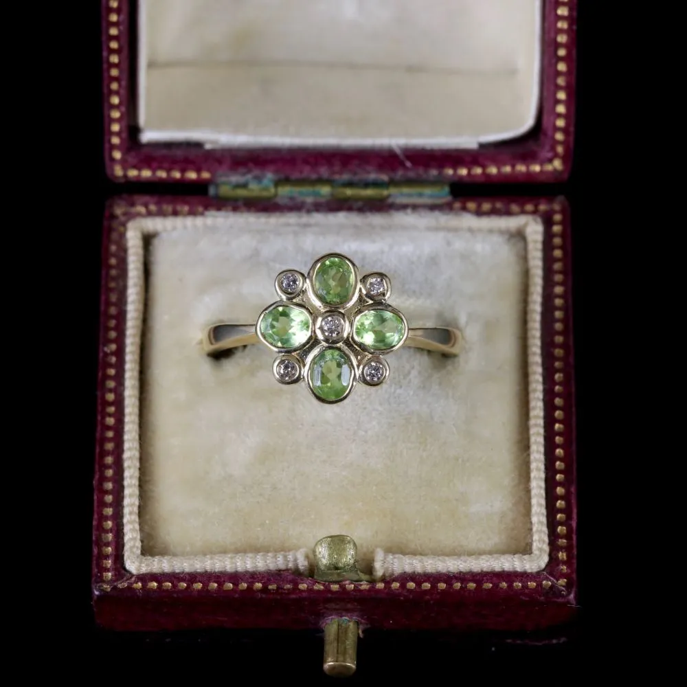 Peridot Diamond Flower Ring 9Ct Gold Ring