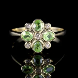 Peridot Diamond Flower Ring 9Ct Gold Ring