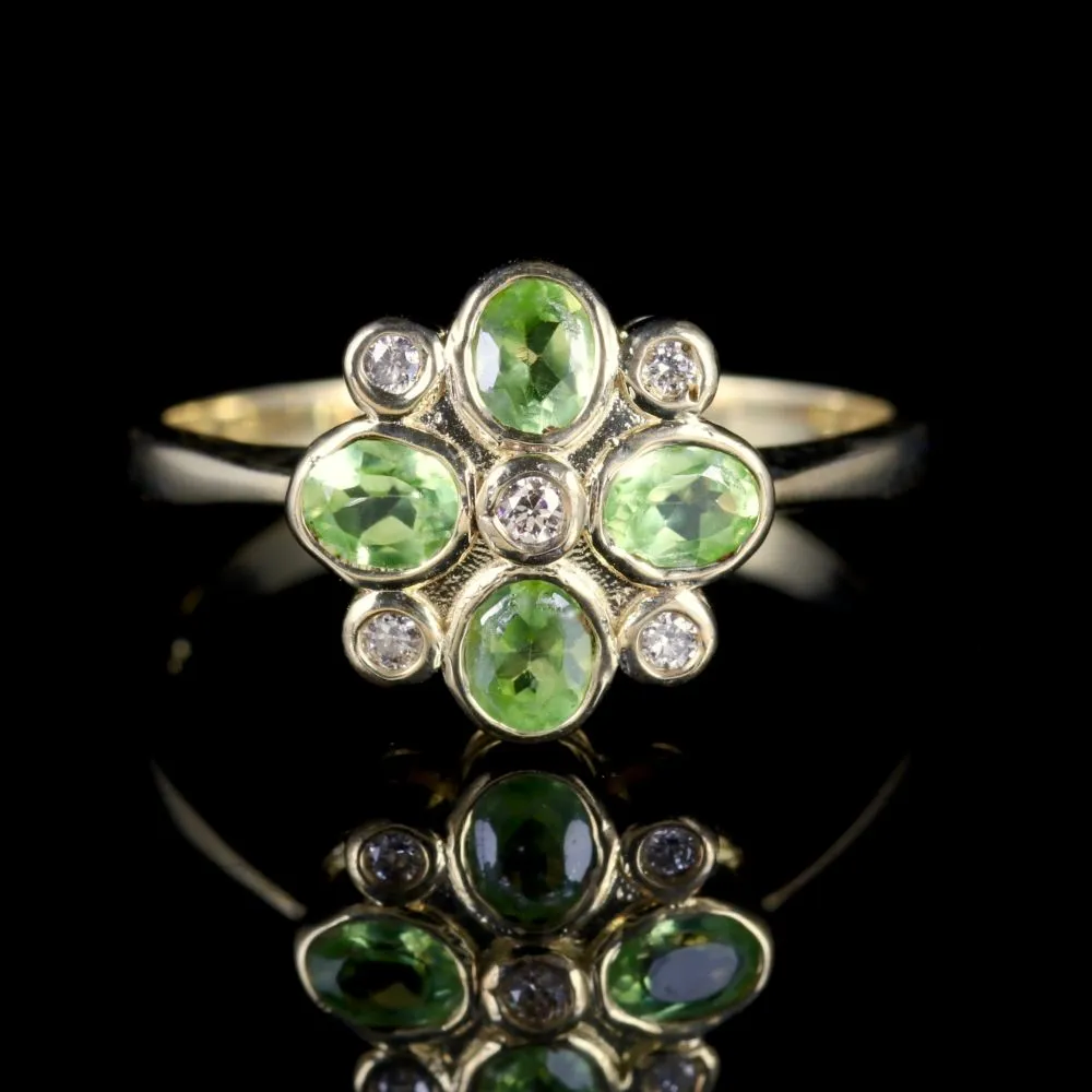 Peridot Diamond Flower Ring 9Ct Gold Ring